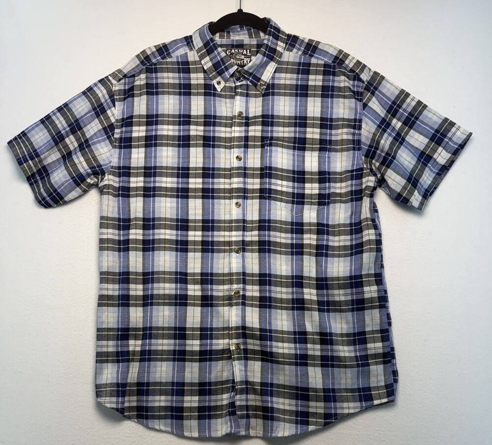 Casual Country Plaid Short Sleeve Button Up Shirt Men's L Blue Black Outdoor0